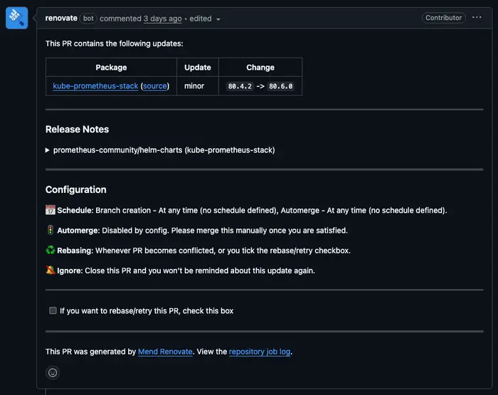 Exemple de Pull Request automatique créée par Renovate